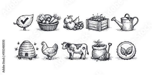 Organic farming, agriculture sketch icon set. harvest, nature, farm line collection