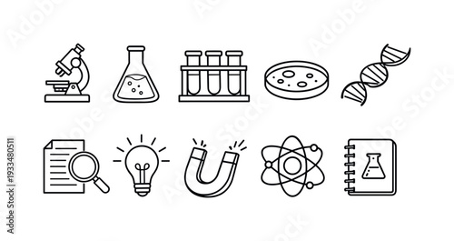 Science and laboratory outline icon set. chemistry, research, lab equipment line icons