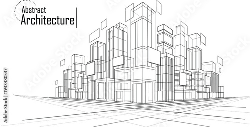 Abstract black and white vector architecture background featuring high-rise skyscraper city cluster and technical 3D wireframe perspective