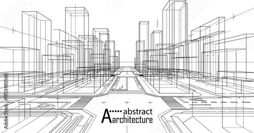 Abstract black and white vector architecture background featuring city crossroads and technical 3D wireframe urban building outlines