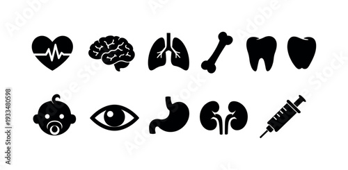 Medical silhouette icon set. healthcare, anatomy, and medicine symbol collection