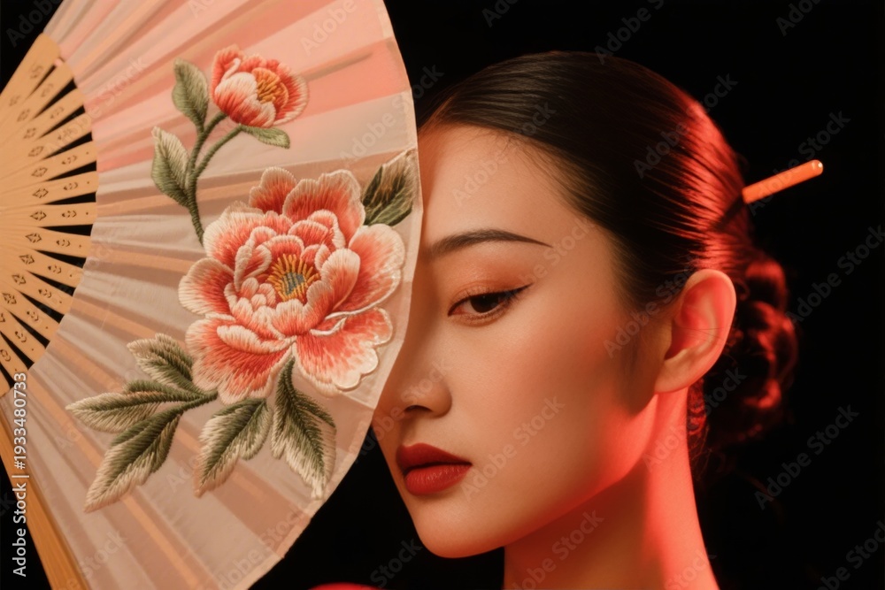 Fototapeta premium Portrait of a woman with traditional fan featuring floral embroidery, soft lighting, and elegant hairstyle