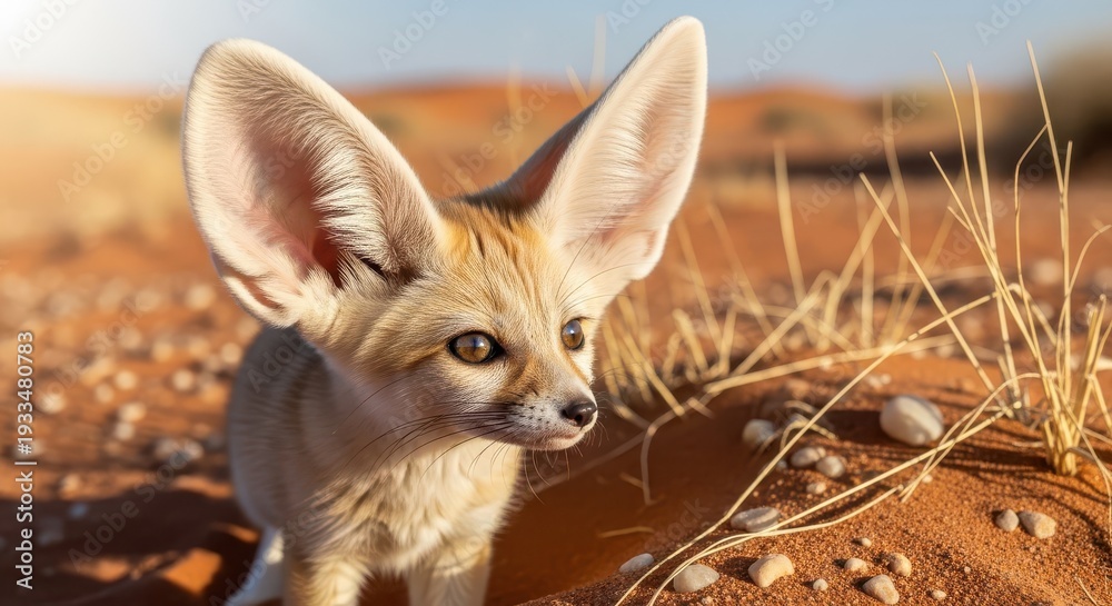 Obraz premium Young mammal with disproportionately large ears stands alertly in a sunlit arid environment