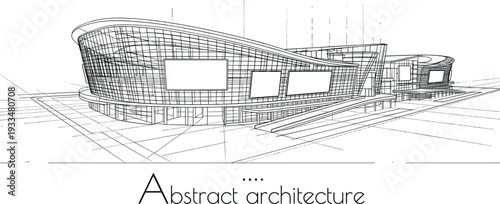 Abstract black and white vector architecture background featuring wide-angle sketch of a modern curved commercial landmark building