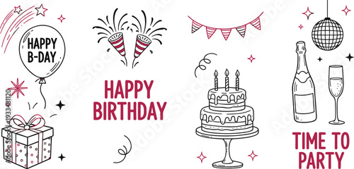 Hand-drawn birthday social media icons featuring a cake, gift, champagne, disco ball, and burgundy party decorations
