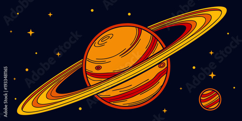 Saturn with detailed rings in starry galaxy background. Clean flat vector illustration for space poster, astronomy infographic, science education and universe concept.
