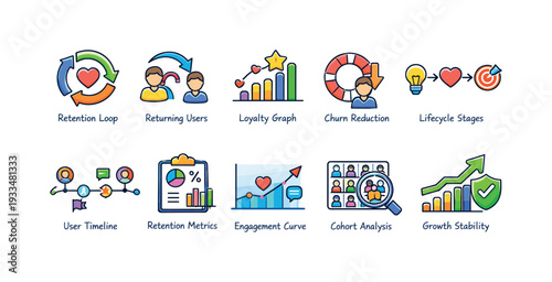 Lifecycle stages filled icon set. user retention, growth analysis icons for business.