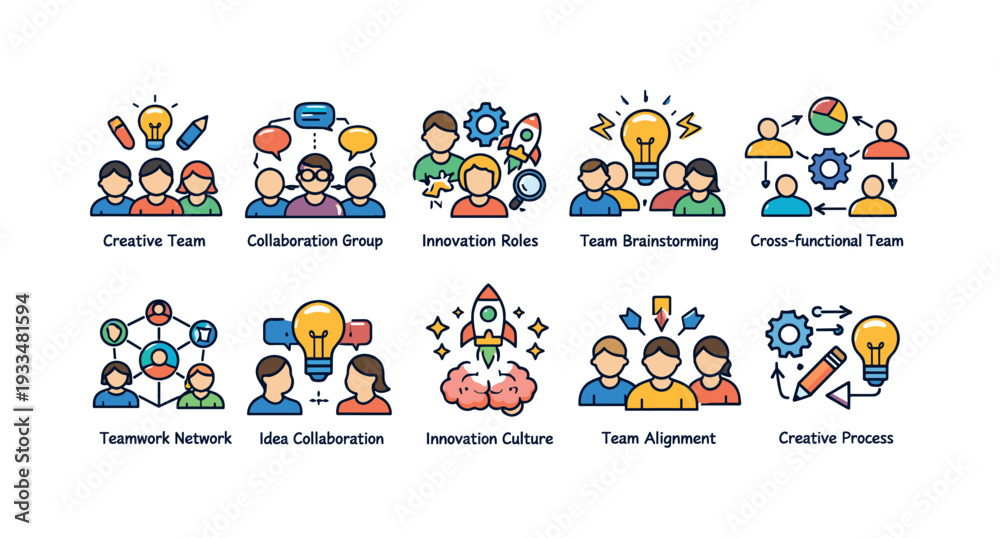 Fototapeta premium Teamwork and innovation flat icon set. creative, collaboration, idea generation icons.