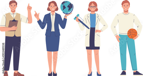 Teacher and student characters set, educator with globe and book, coach with basketball, school profession vector illustration collection