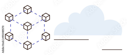 Blockchain, cloud computing, data storage, digital infrastructure, decentralized systems, tech innovation. Connected cubes forming a network next to a cloud symbol. Blockchain and cloud computing