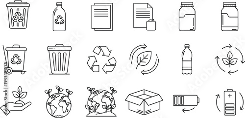 Recycling and sustainability outline icons set with trash bins, bottles, battery, earth and eco symbols vector illustration collection