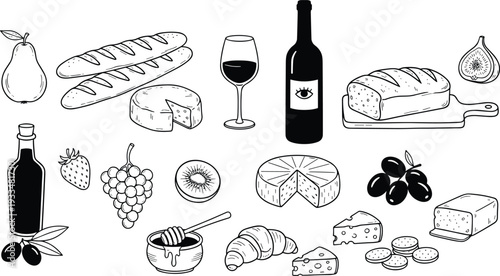 Hand-drawn black vector illustration set of charcuterie icons including baguette, cheese wheels, wine, honey, and fresh fruit