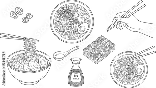 Hand-drawn black and white vector illustration set of Japanese ramen bowls, noodles, chopsticks, and soy sauce icons
