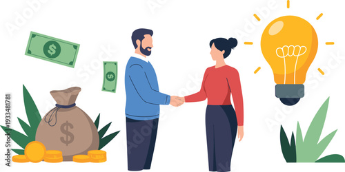 Business partnership handshake with money bag and light bulb idea, financial investment agreement, startup funding concept vector illustration