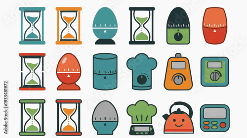 A variety of kitchen timer with various shapes. Each timer is meticulously crafted and brightly colored. A perfect collection for any culinary or design-related projects. 
