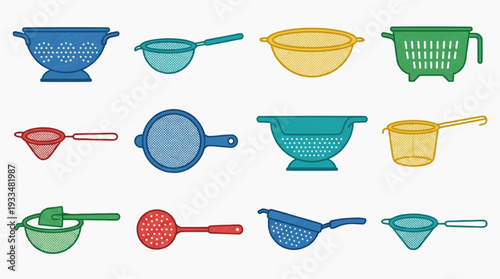 A collection of various colanders, sieves, and strainers on display, perfect for culinary and household use. Each tool varies in shape, size and material, ready for everyday use