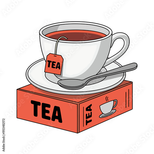 Cartoon tea cup with saucer and spoon on box isolated on transparent background