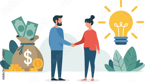 Business handshake partnership with money bag and glowing light bulb idea, financial investment deal, startup collaboration concept vector illustration