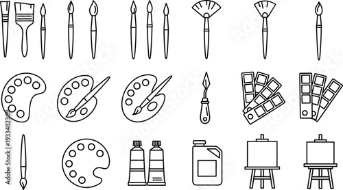 Art supplies outline icons set with paint brushes, palette, watercolor tubes and easel, creative tools vector illustration collection