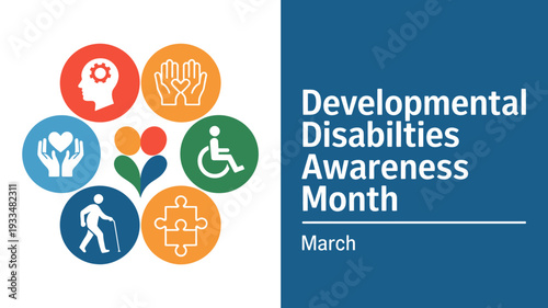 Developmental Disabilities Awareness Month icons and symbols for March  supporting inclusion