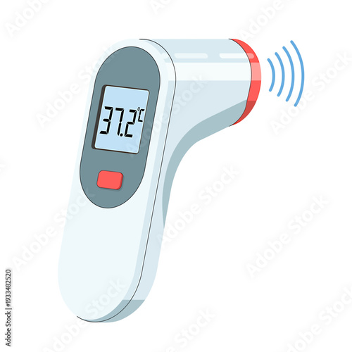 Digital infrared thermometer with red button and display screen shows temperature reading