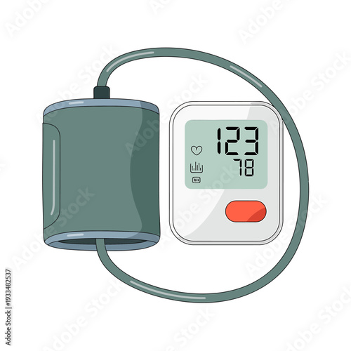 Blood pressure monitor with cuff and digital display screen showing numbers  medical device