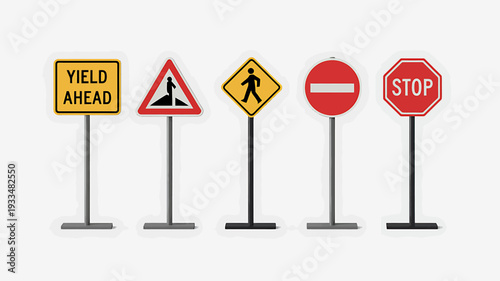 Traffic signs and symbols on metal poles for road safety guidance and regulation