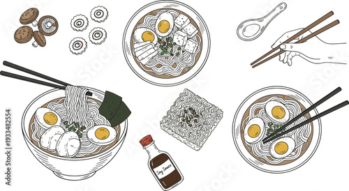 Hand-drawn vector illustration set of Japanese ramen bowls, chopsticks, soy sauce, mushrooms, and traditional Asian noodle ingredients