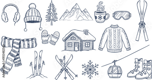 Hand-drawn navy blue vector illustration set of ski resort icons, winter gear, mountain scenery, and cozy alpine apparel