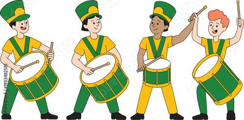Brazilian drummers playing samba drums, carnival music band characters in green and yellow costumes, festival performance cartoon vector illustration