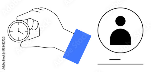 Time management, task planning, personal identity, productivity, schedule optimization, human resources. Hand holding clock near user profile icon. Time management and task planning concept