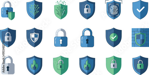 Cyber security shield and padlock icons set, data protection, firewall and biometric authentication vector illustration collection