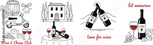 Hand-drawn vector card set for wine club marketing featuring vineyard villas, clinking bottles, and cheese club graphics