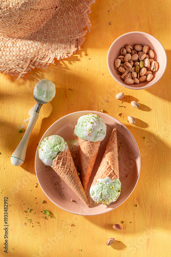 Homemade and tasty pistachio ice cream as a summer dessert.