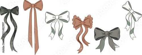 Hand-drawn vector coquette bow set in muted charcoal, terracotta, and sage tones for elegant stationery and branding