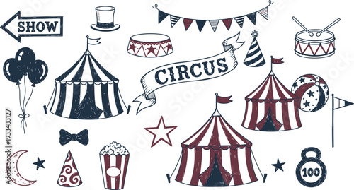 Hand-drawn vintage vector circus illustration set with big top tents, popcorn, balloons, carnival banners, and performance icons