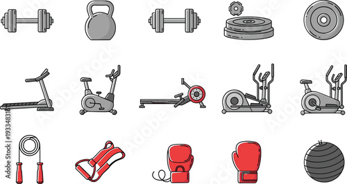 Gym and fitness equipment icons set with dumbbells, treadmill, boxing gloves and exercise machines vector illustration collection