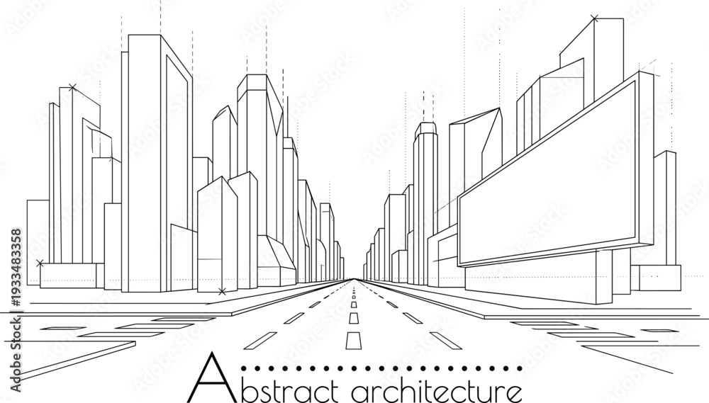 Fototapeta premium Professional black vector architecture background of urban highway leading into city skyline with large roadside billboard frame