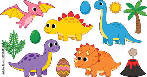 Adorable cartoon dinosaur vector illustration set featuring triceratops pterodactyl stegosaurus diplodocus eggs volcano palm tree and sun for kids design.