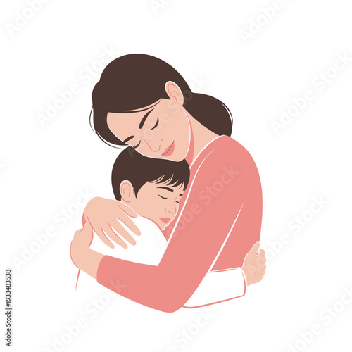 Mother Hugging Child Tenderly with Love.