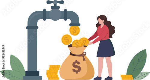 Woman collecting coins from faucet into money bag, metaphorical vector illustration representing passive income, financial gain, investment, and wealth accumulation
