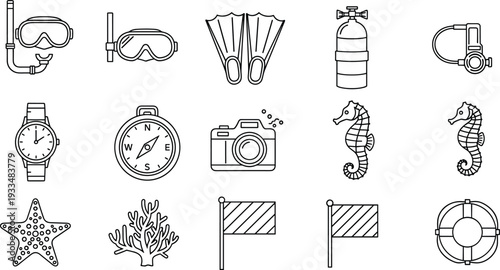 Scuba diving and marine life line icons set with snorkel fins oxygen tank compass camera seahorse coral outline vector collection