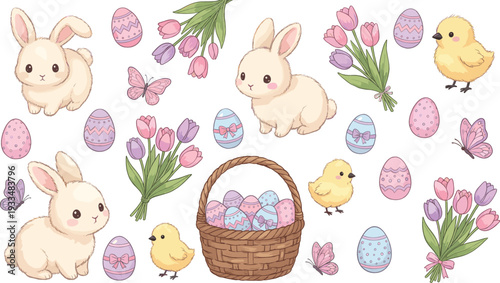 Cute Easter holiday collection featuring white bunny rabbits baby chicks colorful eggs spring tulip bouquets butterflies and a woven basket isolated on white background.