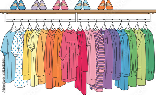 Flat vector illustration of a clothing rack and shelf with colorful dresses shirts and shoes organized by rainbow colors isolated on white background.