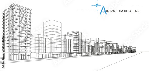 Professional black vector architecture line drawing of a modern urban city block and multi-story building street perspective