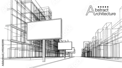 Professional black vector architecture wireframe of urban city street with large blank billboard signage mockups for advertising
