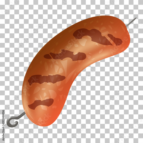 Grilled sausage on a metal skewer, featuring distinct char marks from cooking, presented against a transparent background.