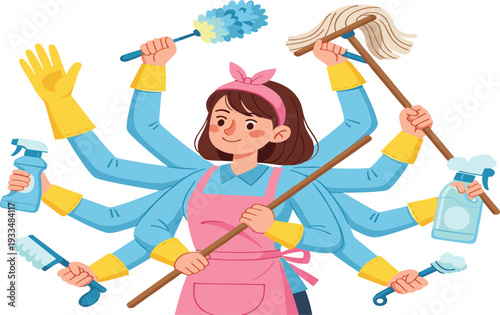 Flat vector illustration of a multitasking housewife or professional cleaner with multiple arms holding cleaning tools like a mop duster spray bottles and brushes.
