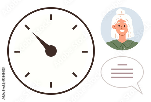 Time management, scheduling, communication, work-life balance, productivity, efficiency. Clock with marked minutes, a smiling woman portrait and speech bubble. Time management and scheduling concept