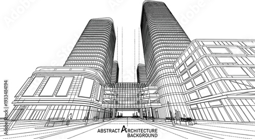 Professional black vector architecture wireframe of twin corporate towers and commercial retail plaza with detailed facade glazing